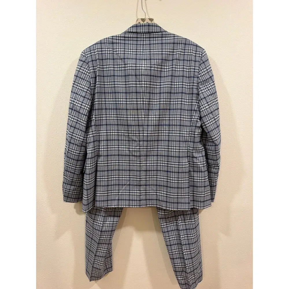The Savile Row Co. Hoxton Light Blue Grey Plaid Stretch Suit